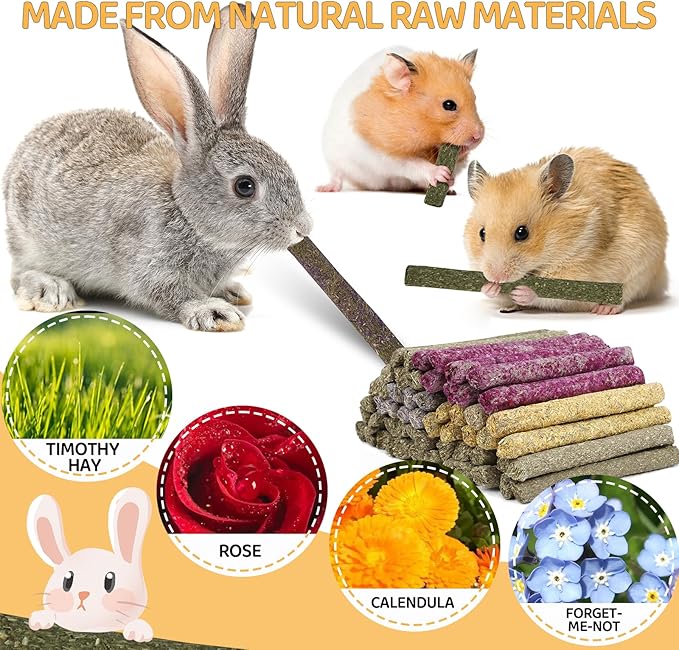 52Pcs Rabbit Chew Sticks, Guinea Pig Toys, Natural Timothy Grass Molar Teeth Stick, Mixing Flowers, Roses, Calendula and Forget Me Not, Small Animals Treats-PurrikoPets