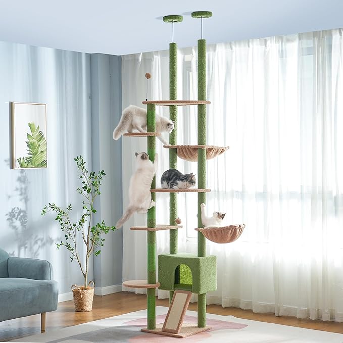 Floor to Ceiling Cat Tree Tall Cat Tower with Adjustable Height (81.8-108 Inches) with Fully Scratching Post Private Condo and Hammock for Indoor Cats (Green, Triple Dule Posts)-PurrikoPets