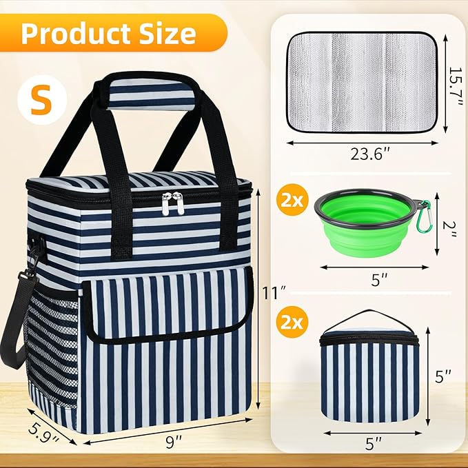 Dog Travel Bag for Camping - Pet Travel Accessories with 2 Collapsible Bowls, 2 Food Containers & Waterproof Feeding Mat - Portable Dog Carrier, Stripe (Small)-PurrikoPets