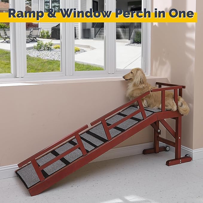 Dog Ramp for Bed or Couch, Wooden Pet Ramp with 20° Gentle Slope, Removable Side Rails, Non-Slip Surface, Top Platform & Wheels, Safe Bed Ramp for Small, Medium & Senior Dogs, 60" Long, Mahogany-PurrikoPets