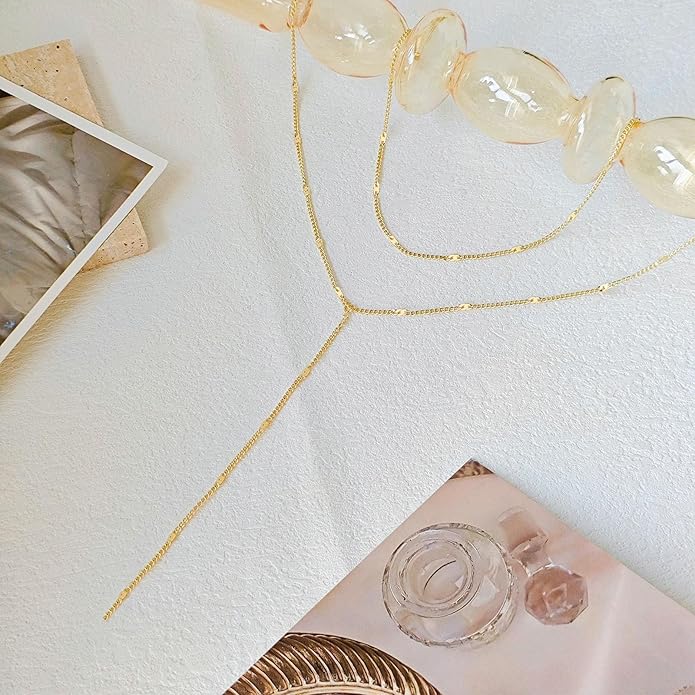 Lariat Silver/Gold Necklace for Women 925 Silver/14K Gold Plated Dainty Long Necklace Y-Shaped Drop Pendant Necklaces Choker Trendy Chain Simple Layered Necklaces CZ Jewelry for Women Set Gift