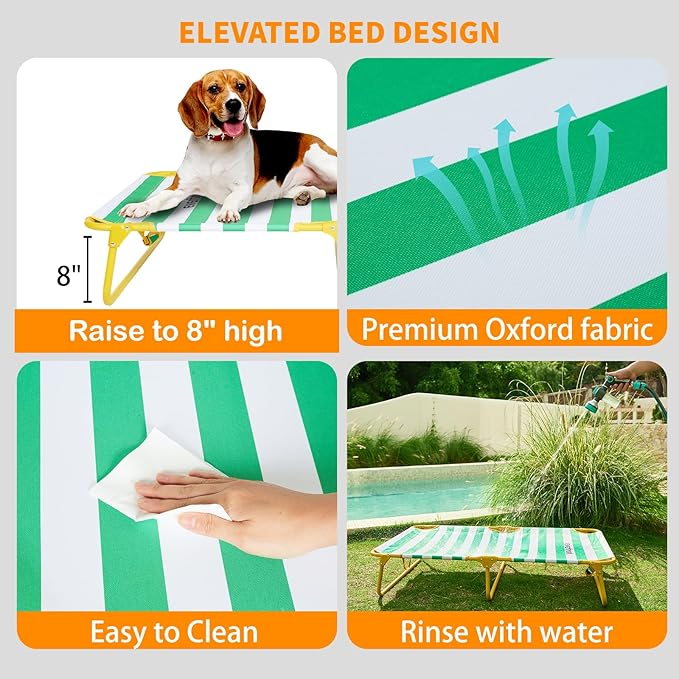 Dog Elevated Bed Foldable Portable Raised Bed Camping cot Outdoor Summer Dog Bed (Medium, GreenStripes-Oxford Fabric)-PurrikoPets