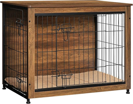DWANTON Dog Crate Furniture with Cushion, Wooden Kennel Table with Double Doors, Indoor Dog House, Medium Size, 32.5" L, Warm Brown-PurrikoPets
