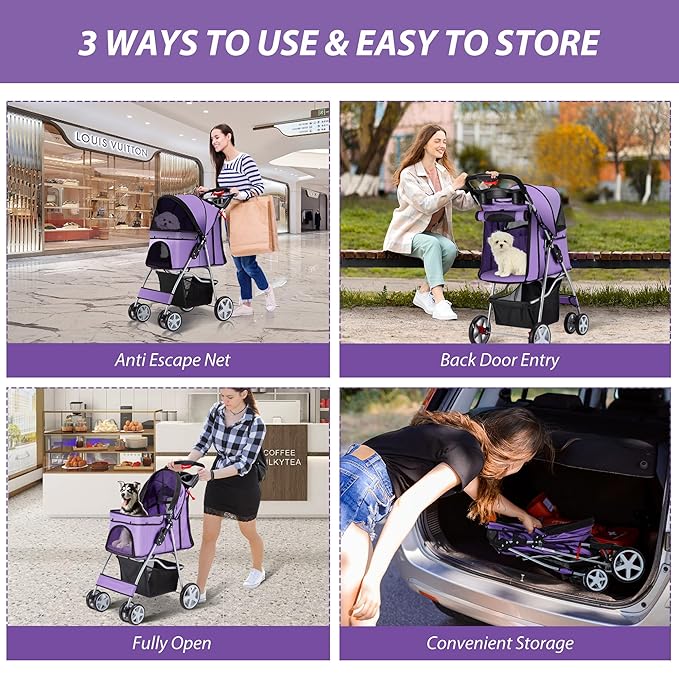 4 Wheels Pet Stroller for Small Medium Dogs Cats 10-33 lbs, Foldable Dog and Cat Stroller with Cup Holder & Storage Basket & Breathable Mesh, Pet Strolling Cart for All-Season, Purple-PurrikoPets