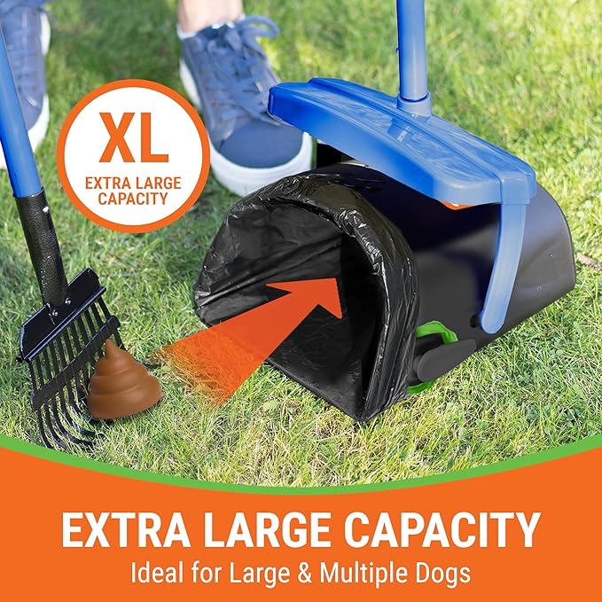 Dog Pooper Scooper with Bag Attachment, 40" Long Handle Pooper Scooper for Large Dogs, Dog Poop Scoop for Yard, Large Capacity Swivel Bin and Rake, Lavender Scented Bags (Blue)-PurrikoPets