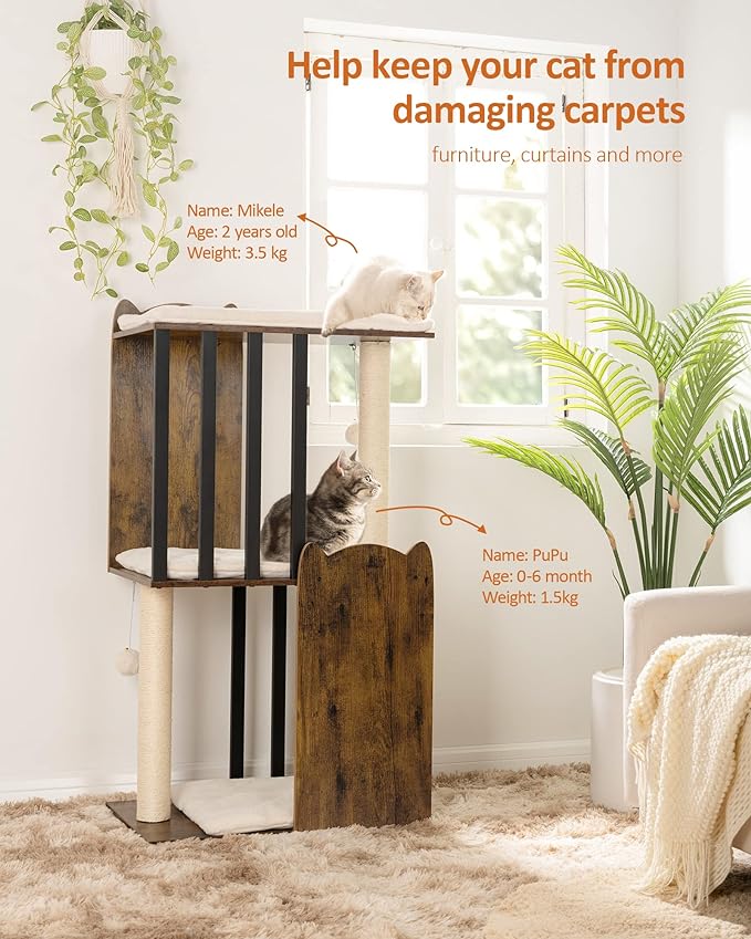 FourFurPets 43.8in 3-Tier Modern Cat Tree Tower Condo, Cat Scratch Posts for Indoor Cats, Big Plate, Two 19.7in Full Sisal Scratching Posts, Rustic Brown-PurrikoPets
