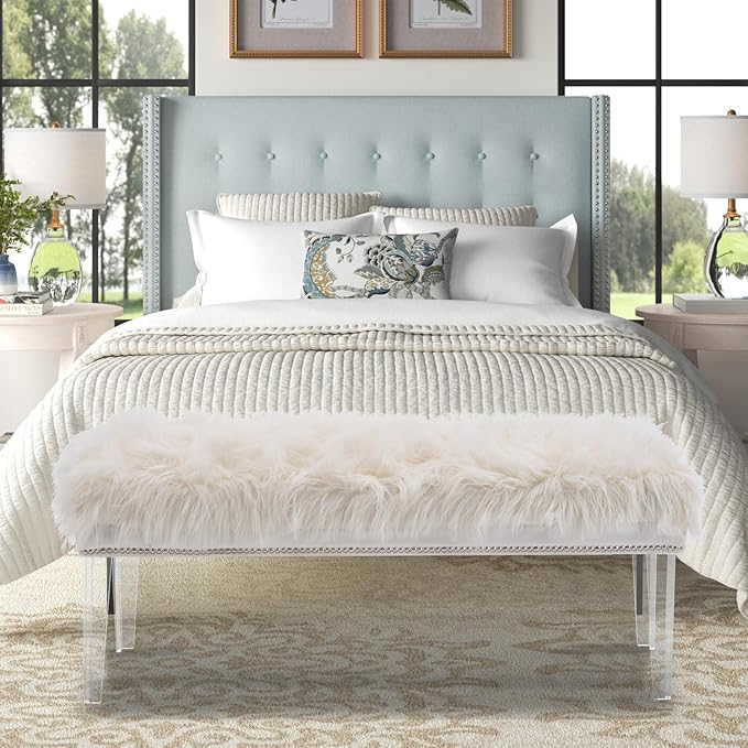 46 Inch White Bedroom Bench, Benches for Bedroom White Faux Fur Upholstered Bed end Bench, Tufting Ottoman Bench Indoor Bench with Acrylic Legs for Living Room Bedroom Entryway-PurrikoPets