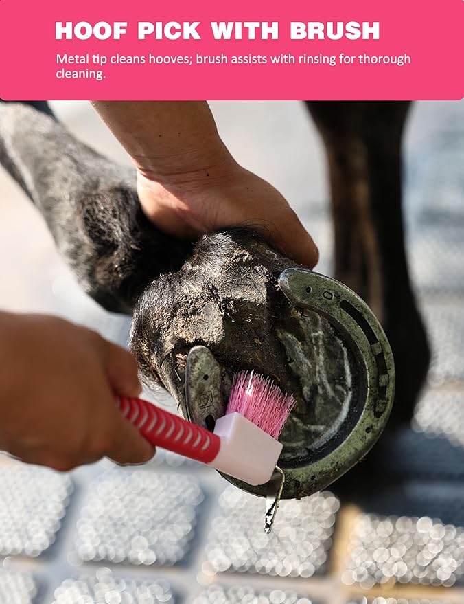 11PCS Horse Grooming Kit Curry Comb Sweat Scraper Horse Bathing Supplies Grooming Tools with Storage Bag Pink Garnet-PurrikoPets