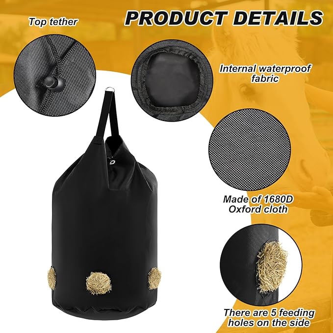2 Pcs hay Bags for Horses Goats Slow Feed 1680D Oxford Bag Black Large Capacity Net Open Feed Hole Hay Holder for Horse Goats Sheep(5 Holes)-PurrikoPets