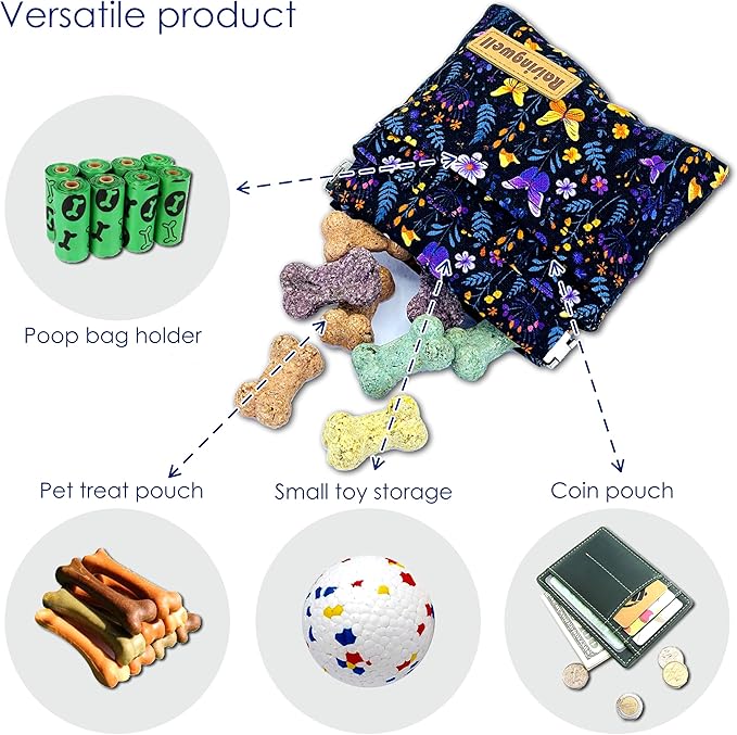 Dog Treat Pouch, Pocket Sized Pet Training Pouch, Cotton Fabric, Hand Free Purple Flower Dog Walking Bag with Carabiner, Self-Closing Pet Feed Snack Reward, for Puppy Travel or Outdoor Use-PurrikoPets