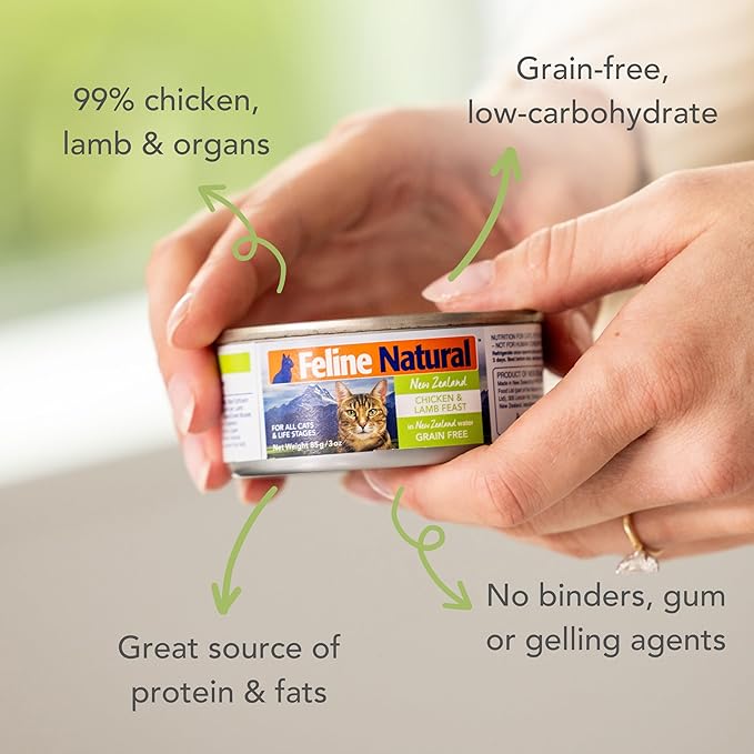 Feline Natural New Zealand Canned Catfood Wet Food, High-Meat, Low-Carb, & Grain Free Cat Food Wet, Chicken & Lamb Feast, 3 oz, Pack of 24-PurrikoPets