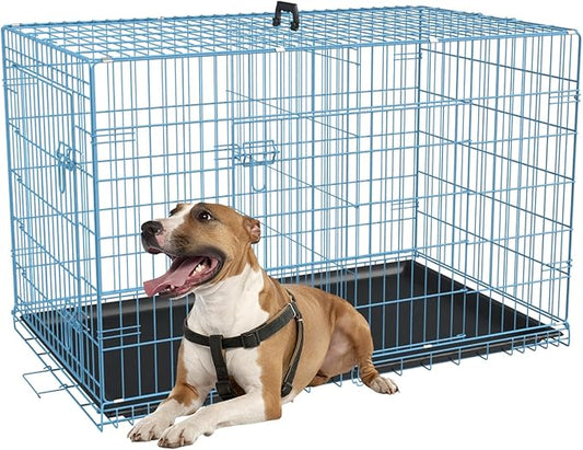 FDW Dog Crate for Medium Dogs 36 Inch Folding Metal WirePet Cage Double Door W/Divider Panel Indoor Outdoor Kennel Leak-Proof Plastic Tray,Blue-PurrikoPets