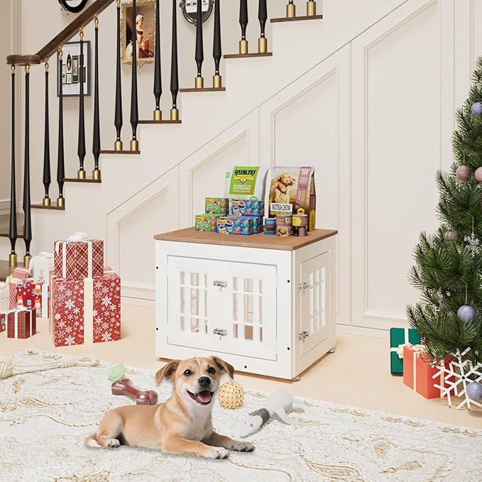 26" Heavy Duty Dog Crate Furniture for Small,Medium and Large Dogs,Rustic Wooden Dog Cage Kennel Indoor Furniture with Waterproof Top,Decorative Pet House Side End Table (White & Wood)-PurrikoPets