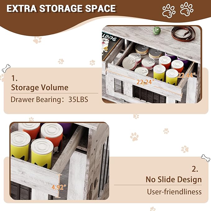 Dog Furniture Crate, 47" Large Dog Crate Furniture w/ 2 Storage Draws & Removable Divider for Large/Medium/Small Dogs (Grey, Double Cage)-PurrikoPets