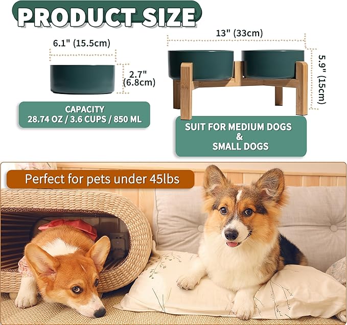 Elevated Ceramic Dog Bowl Set - Raised Dog Bowls with Non-Slip Bamboo Stand - Dog Food and Water Bowl Set - Double Dog Feeding Bowls - Suitable for Small and Medium Dogs - 28.74 OZ - 3.6 CUPS - 850 ML-PurrikoPets