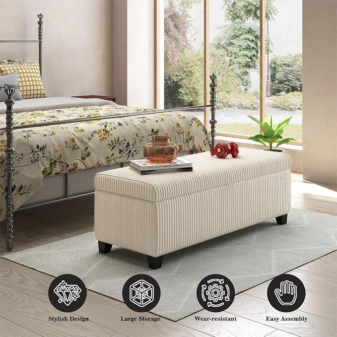 48" Ottoman with Storage, Corduroy Storage Ottoman Bench for Bedroom, End of Bed Bench with Safety Hinge for Living Room, Bedroom, Entryway, White-PurrikoPets