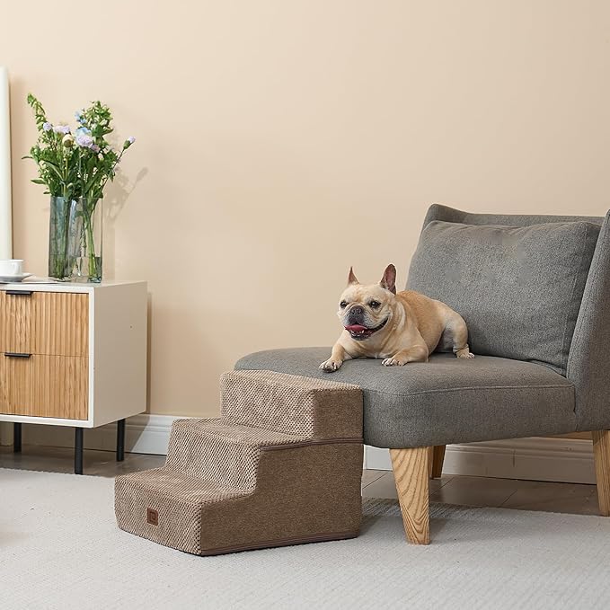 EHEYCIGA Dog Stairs for Small Dogs 13.5" H, 3-Step Dog Steps for Couch Sofa and Chair, Pet Steps for Medium Cats, Non-Slip Balanced Pet Ramp Indoor, Camel-PurrikoPets