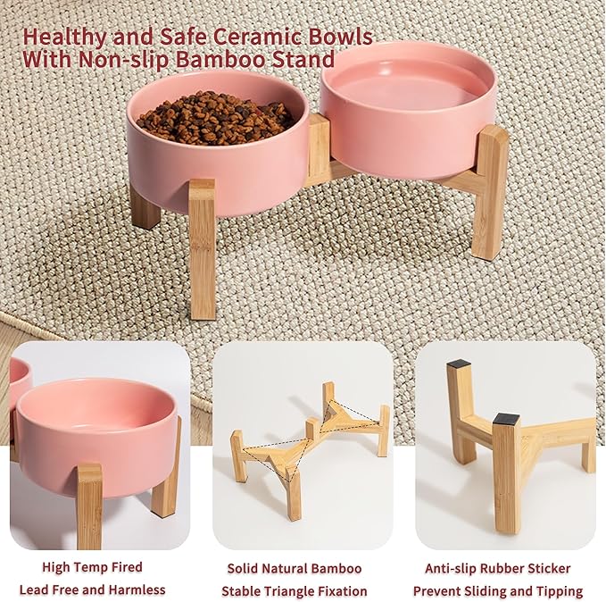 Elevated Ceramic Dog Bowl Set - Raised Dog Bowls with Non-Slip Bamboo Stand - Dog Food and Water Bowl Set - Double Dog Feeding Bowls - Suitable for Small and Medium Dogs - 28.74 OZ - 3.6 CUPS - 850 ML-PurrikoPets