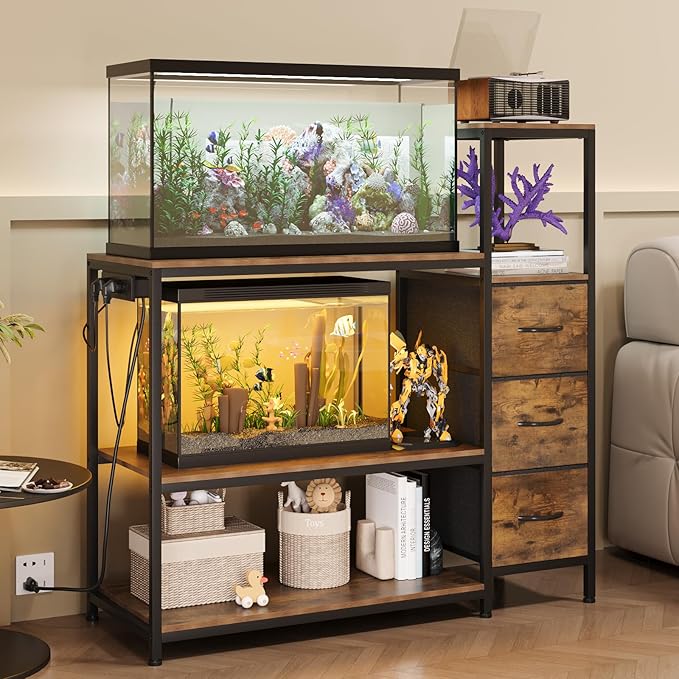 20 Gallon Aquarium Stand with Power Outlets Fish Tank Stand with 3 Drawers Metal Frame Heavy Duty Reptile Tank Stand with 3-Tier Storage Shelves,Left/Right Assembly, Adjustment Height-PurrikoPets