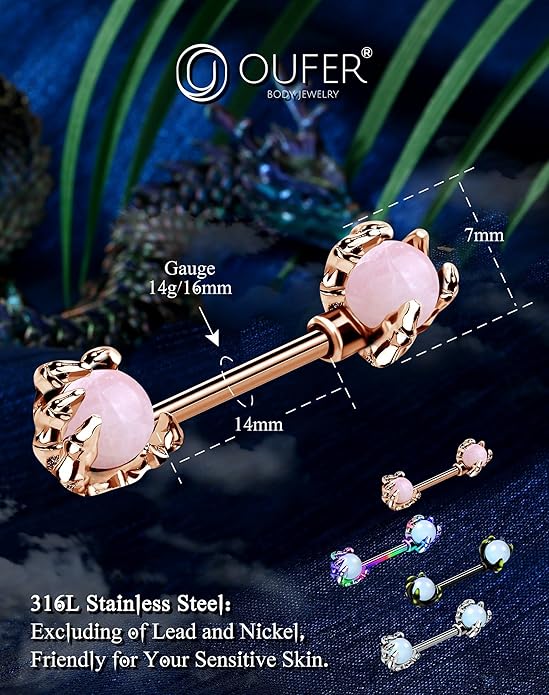 OUFER 14G Nipple Rings - 316L Surgical Steel Piercing Jewelry, 2PCS Pink Opals Surrounded by Dragon Claws Barbell