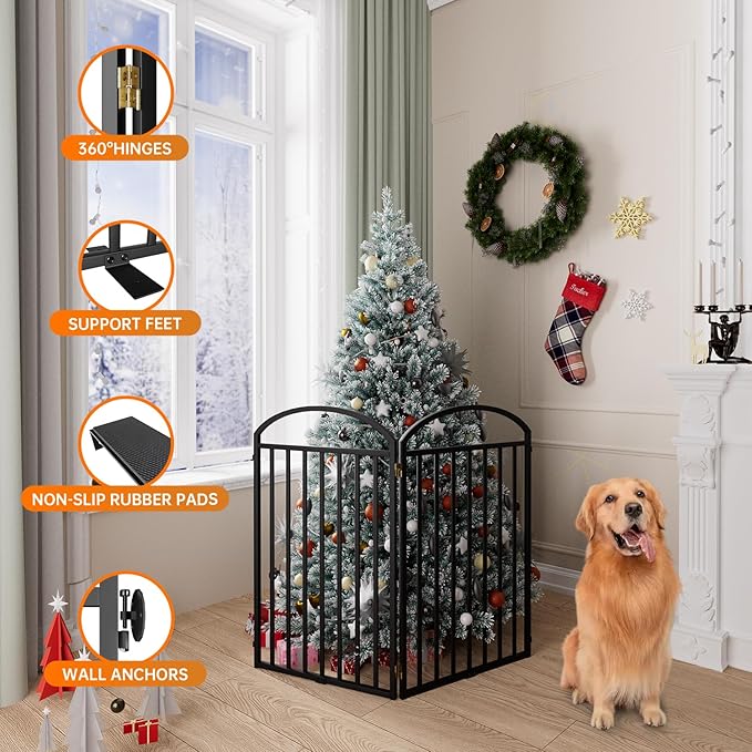 2 Panles Full Matel Freestanding Dog Gates with Door, 48"Extra Wide 36"Tall Free Standing Dog Pet Gate for Indoor & Outdoor. Foldable Pet Fences for Doorways, House, Stairs, Porch, Deck, Yard-PurrikoPets