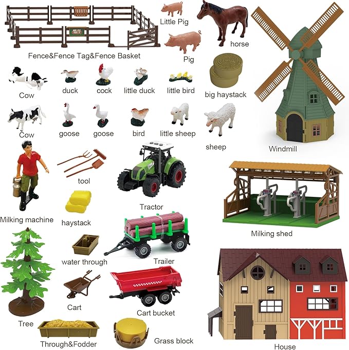 136PCS Farm Animals Toys Set Comes with Barn, Tractor Trailer, Milking shed, Windmill, Farmer, Fence - Playset for Kids Toddlers Boys Girls 5+ Years Old-PurrikoPets