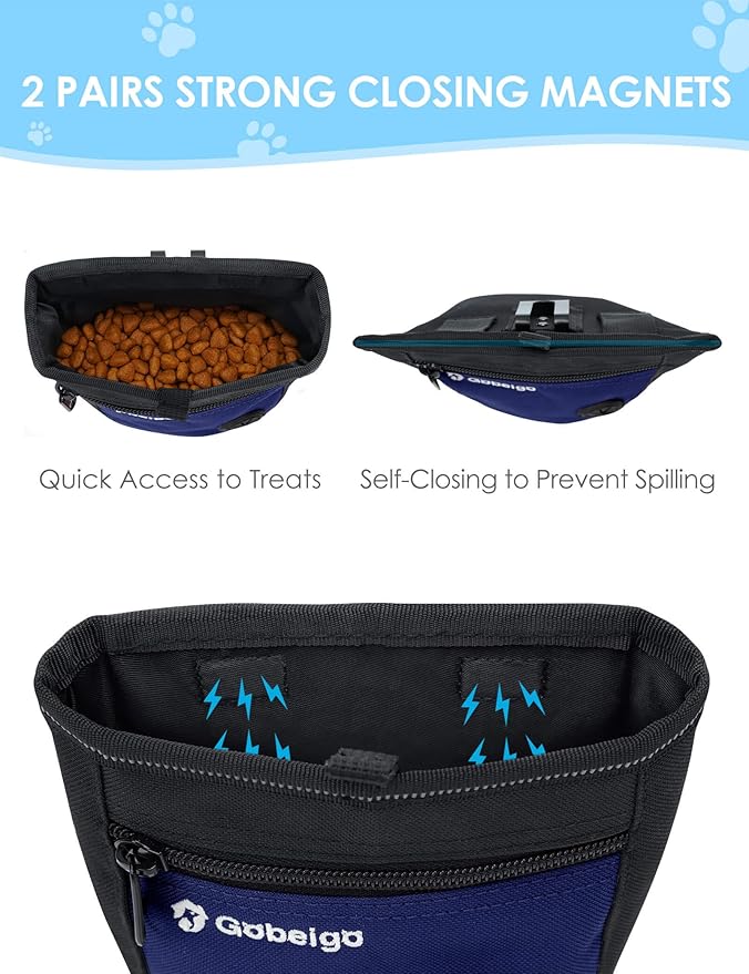 Gobeigo Dog Treat Pouch and Training Clicker, Upgrade Two Magnetic Closure to Prevent Spills, 2 Cup Treat Bag with Poop Bag Dispenser, Metal Clip Waist Belt Fanny Pack for Pet Walk (Black/Blue)-PurrikoPets
