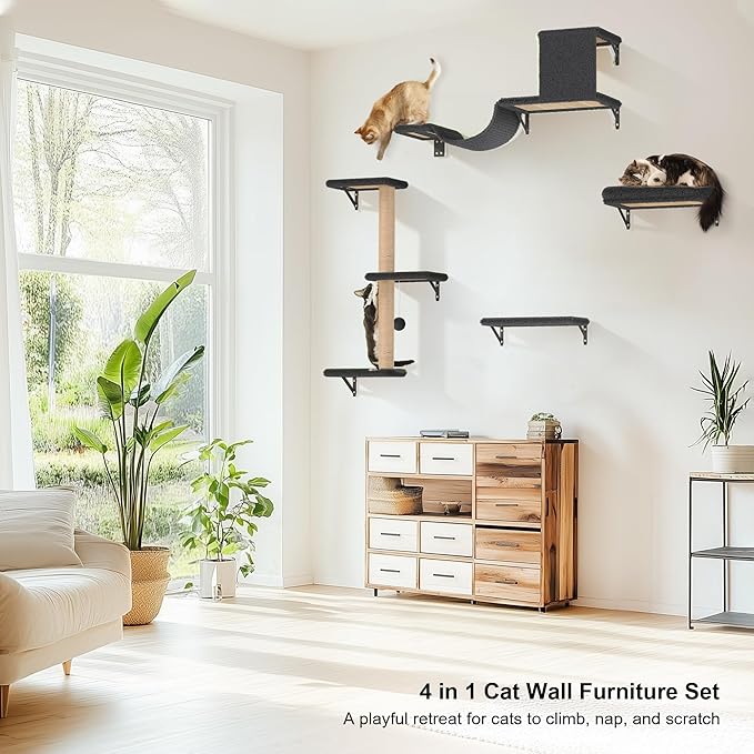 FUKUMARU Cat Wall Shelves, Stable & Safe 4 in 1 Cat Furniture Set, Wooden Climbing Wall with Scratching Post for 16 Inch Drywall - Gray-PurrikoPets