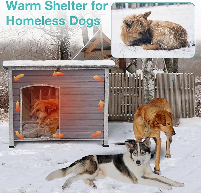 Feral Dog House Outdoor,Anti Bite Iron Frame Dog Kennel,Wood Warm Pets Home,Insulated Weatherproof Outside Shelter for Feral Animal (43.3" (L) x 29.4" (W) x 33.4" (H)-Grey-in)-PurrikoPets