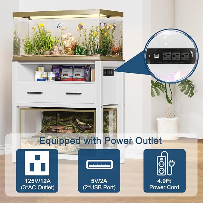 20-29 Gallon Fish Tank Stand with Power Outlet & 2 Storage Drawers, Heavy Duty Metal Frame Aquarium Stand with Waterproof Mat, 30.7" L*15.7" W Tabletop, 550LBS Capacity, White+Brown-PurrikoPets