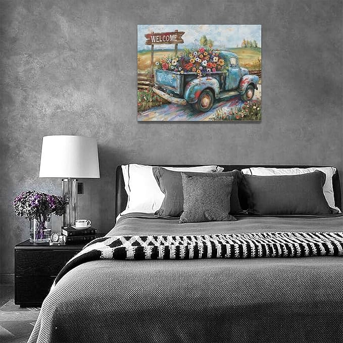 Farmhouse Truck Wall Art Rustic Country Wildflowers Wall Decor Road Flowers Landscape Pictures Canvas Print Painting Artwork for Bathroom Living Room Bedroom 12"x16"-PurrikoPets