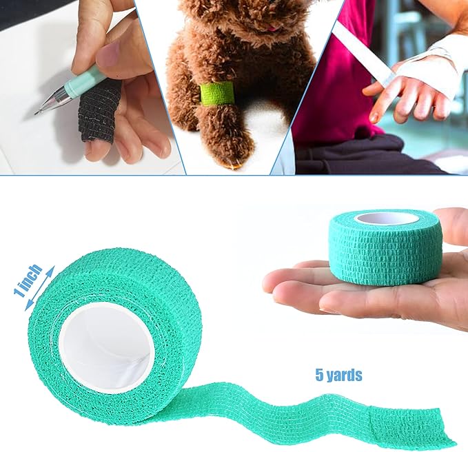 9 Pack 1" x 5 Yards Self Adhesive Bandage Wrap Self Stick Wrap for Ankle, Wrist, Finger, Sports, Breathable Cohesive Vet Tape for Pets (Middle Green)-PurrikoPets