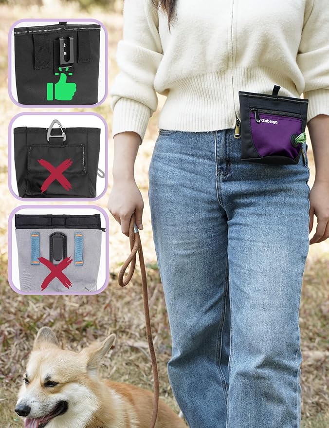 Gobeigo Dog Treat Pouch and Training Clicker, Upgrade Two Magnetic Closure to Prevent Spills, 2 Cup Treat Bag with Poop Bag Dispenser, Metal Clip Waist Belt Fanny Pack for Pet Walk (Black/Purple)-PurrikoPets
