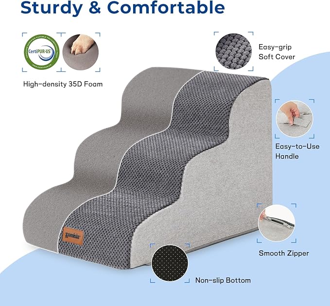 Dog Stairs for Small Dogs - Pet Stairs for Couch and Bed, 35D Foam Dog Steps Ramp with Non-Slip Bottom Beige, 3 Steps-PurrikoPets