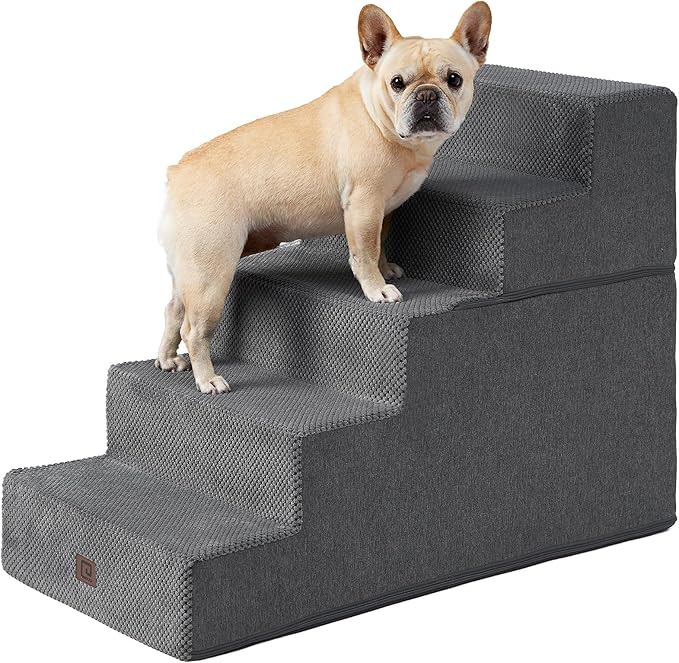 EHEYCIGA Dog Stairs for High Bed 25" H, 5-Step Extra Wide Dog Steps for Bed, Pet Steps for Small Dogs and Cats, Non-Slip Balanced Pet Ramp Indoor, Grey-PurrikoPets