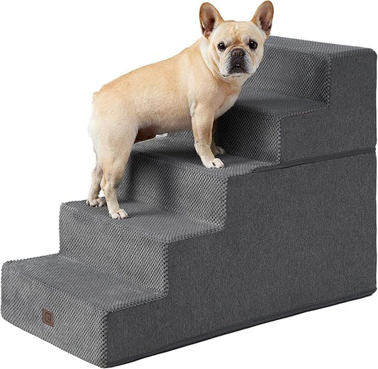 EHEYCIGA Dog Stairs for High Bed 25" H, 5-Step Extra Wide Dog Steps for Bed, Pet Steps for Small Dogs and Cats, Non-Slip Balanced Pet Ramp Indoor, Grey-PurrikoPets