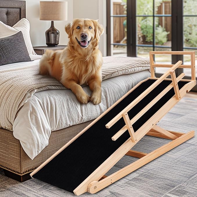 Dog Ramp, 5 Level Adjustable Height Folding Pet Ramp for High Bed, Portable Paw Ramps Large Bed Ramp for Medium & Large Old Dogs & Cats - Natural Wood Furniture Quality-PurrikoPets