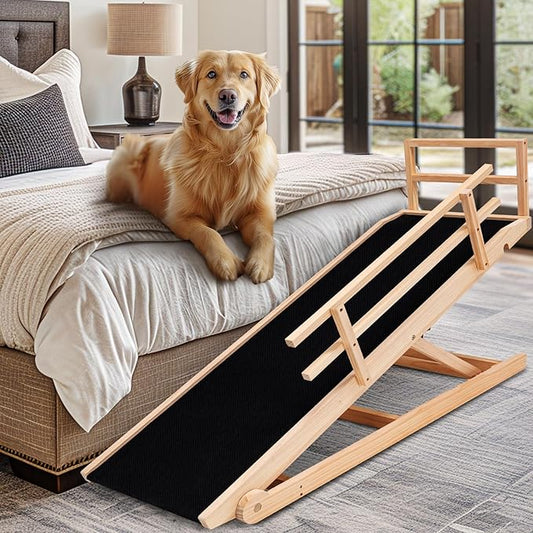 Dog Ramp, 5 Level Adjustable Height Folding Pet Ramp for High Bed, Portable Paw Ramps Large Bed Ramp for Medium & Large Old Dogs & Cats - Natural Wood Furniture Quality-PurrikoPets
