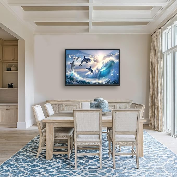 Dolphin Seagull Large Wall Art Sea Ocean Waves Sunrise Pictures Wall Decor Nautical Coastal Canvas Print Painting Artwork for Bathroom Living Room Bedroom 36L" x 24W"-PurrikoPets