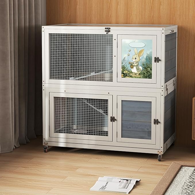 2-Story Wooden Rabbit Hutch for Outdoor & Indoor, Bunny Cage Rabbit House with Wheels, Trays, Ramp, Pet Home for Guinea Pigs, Chickens, Chicken Coop, Gray with Colorful Patterns-PurrikoPets