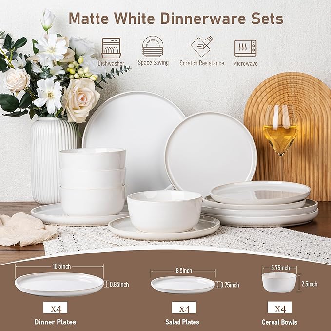 GBHOME Ceramic Dinnerware Sets for 4, 12 Pieces Stoneware Plates and Bowls Sets, Reactive Glaze Dishes -Scratch Resistant, Dishwasher&Microwave Safe-Star White-PurrikoPets