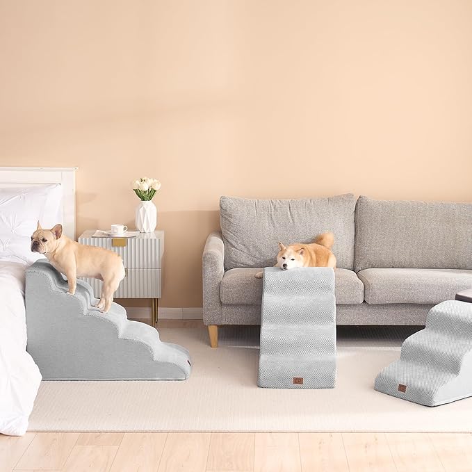 EHEYCIGA Curved Dog Stairs Ramp for High Beds 22.6" H, 5-Step Dog Steps for Small Dogs and Cats, Pet Stairs for High Bed Climbing, Non-Slip Balanced Pet Step Indoor, Light Grey-PurrikoPets