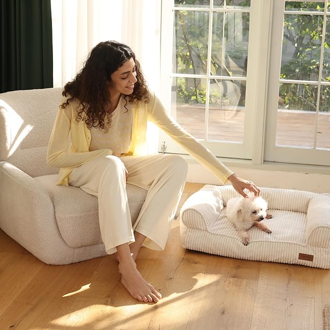 FUKUMARU Dog Couch Bed, Corduroy Cozy Cat Bed for Indoor Cats with Washable Cover, Supportive Waterproof Dog Beds Sofa for Small Dogs and Large Cats Cute, 28inch, Medium, Cream-PurrikoPets