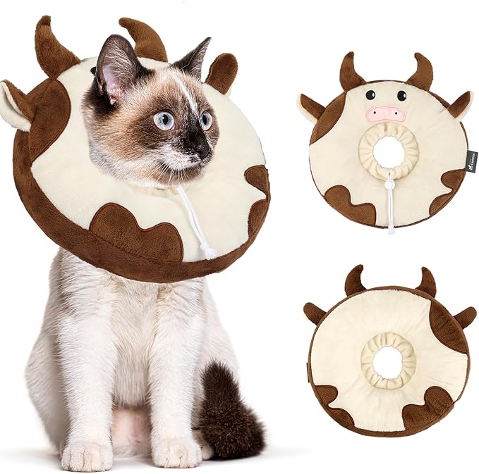 Adjustable Cat Collar Soft to Stop Licking After Surgery for Kitten, Alternative to Cone of Shame, Donut Cone for Cats, Pet Elizabethan Collar (Cow, Medium)-PurrikoPets