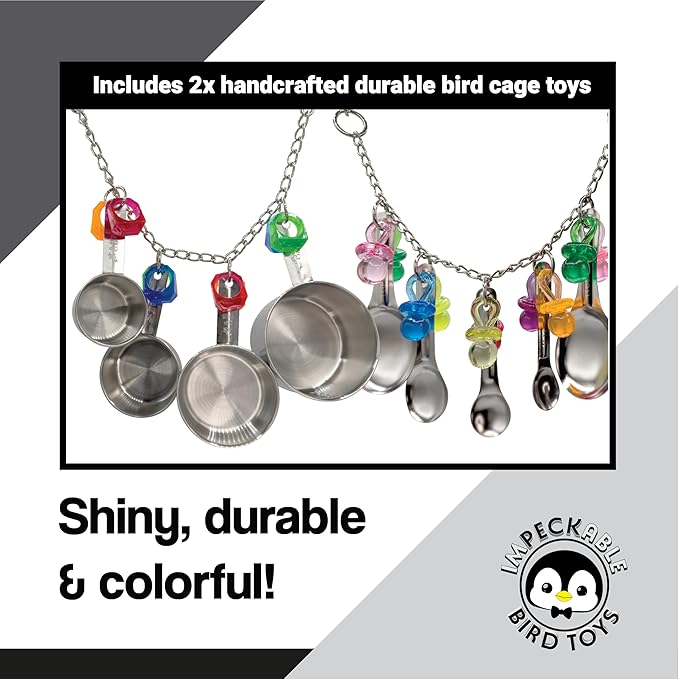 1970 Pk2 Pot and Spoon Delight Features Shiny pots and Spoons with Acrylic Rings and Pacifiers, Handcrafted for African Greys Amazons Macaws-PurrikoPets