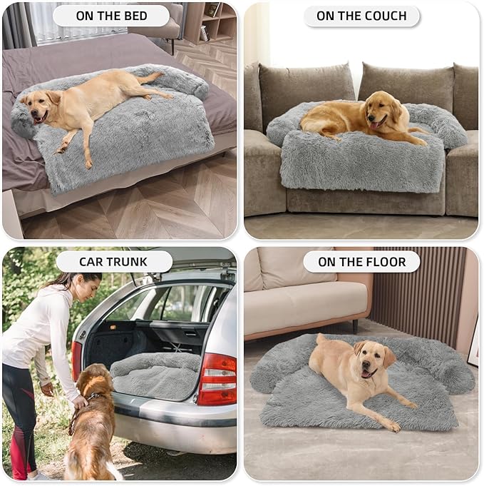 GGIB Calming Dog Bed Fluffy Plush Dog Mat for Furniture Protector with Removable Washable Cover for Large Medium Small Dogs and Cats (Extra Large (53x39.3x6), Grey)-PurrikoPets