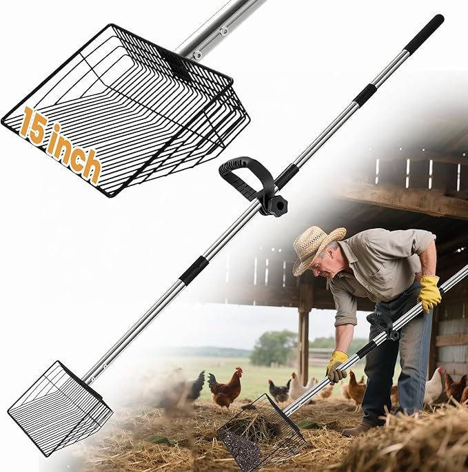 15" Chicken Poop Scooper & Rake, Metal Chicken Coop Scoop for Poop with 24 to 68" Adjustable Stainless Steel Handle, Litter Scooper Sifting Shovel Chicken Coop Accessories-PurrikoPets