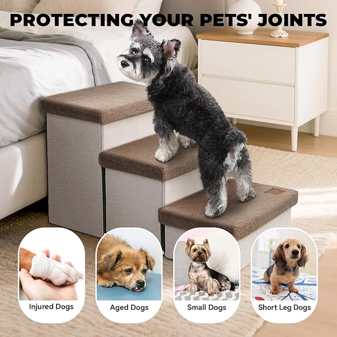 Dog Stairs with Furry Lids 18" H, 3-Step Wider Dog Steps with Storage for Small/Medium/Large Old Dogs Cats, Folding Sturdy Pet Stairs Climbing Bed Couch, Ramp for Car Up to 200 lbs, Khaki-PurrikoPets