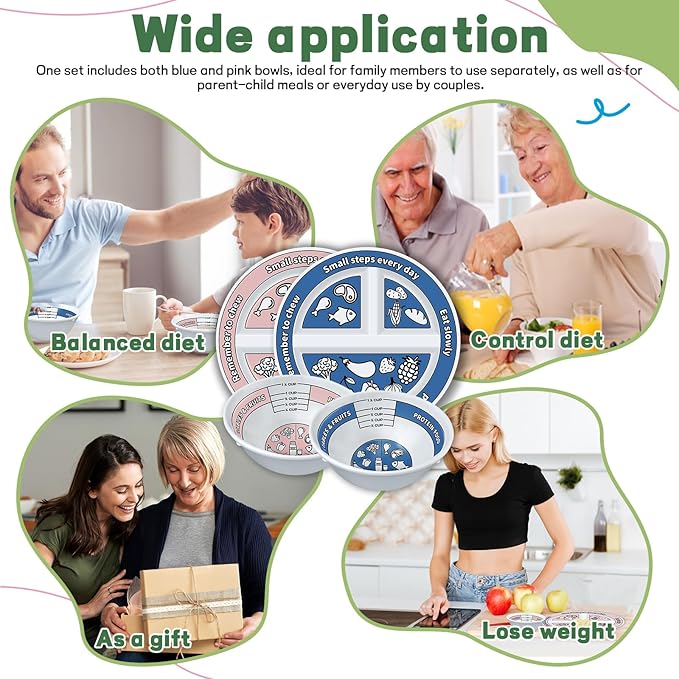 4 Pcs Portion Control Plates & Bowls Set (2 Plates + 2 Bowls, 9 Inch) - Self-Measuring for Weight Loss, Gastric Bypass, LapBand, Diabetes & Healthy Diets, Pink & Blue, for Adults & Children-PurrikoPets