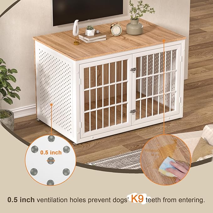 48" Heavy Duty Dog Crate Furniture for Large Dogs, Metal Kennel for High Anxiety Dogs, White Wooden Cage Furniture Indoor, Decorative Dog Kennel End Table, XL-PurrikoPets